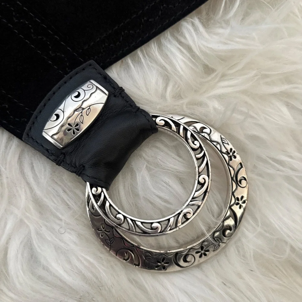 Brighton Black Leather Suede Wide Waist Belt Silver Etched Buckle B30993 Size M